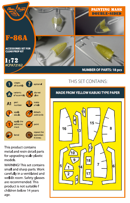 Masque de peinture double face Clear Prop! CPA72162 F-86A sur papier kabuki jaune pour maquettes CP au 1/72 – image 2