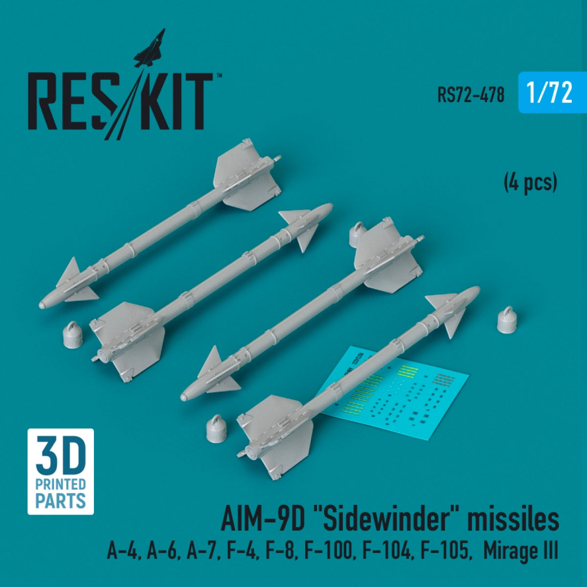 Missiles AIM-9D « Sidewinder » RESKIT RS72-0478 (4 pièces) (Impression 3D) 1/72