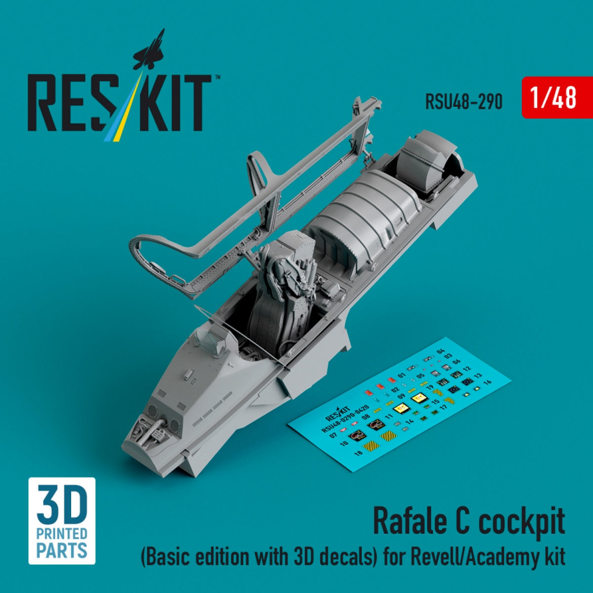 RESKIT RSU48-0290 Cockpit Rafale C (Édition de base avec décalcomanies 3D) pour maquette Revell/Academy (impression 3D) au 1/48