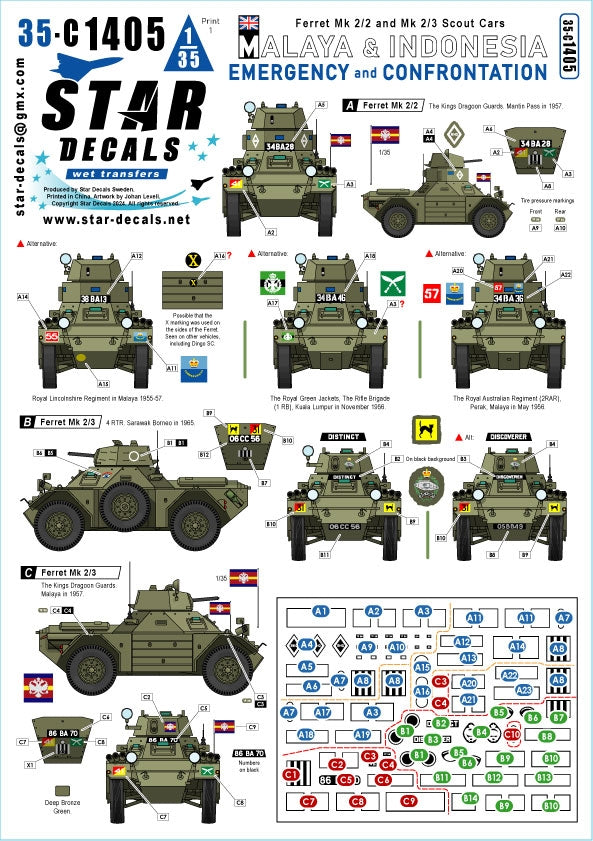 Star Decals 35-C1405 Ferret Mk 2/2 et Mk 2/3 Voitures de reconnaissance. Malaisie et Indonésie - Urgence et confrontation dans les années 1950-1960 1/35