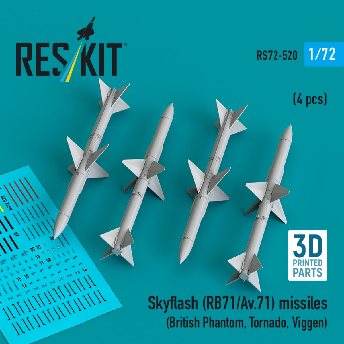 Missiles Skyflash (RB71/Av.71) RESKIT RS72-0520 (4 pièces) (Impression 3D) 1/72