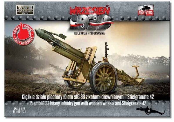 First To Fight PL123 - Ciężkie działo piechoty 15 cm sIG 33 z kołami drewnianymi i Stielgranate 42. 1/72
