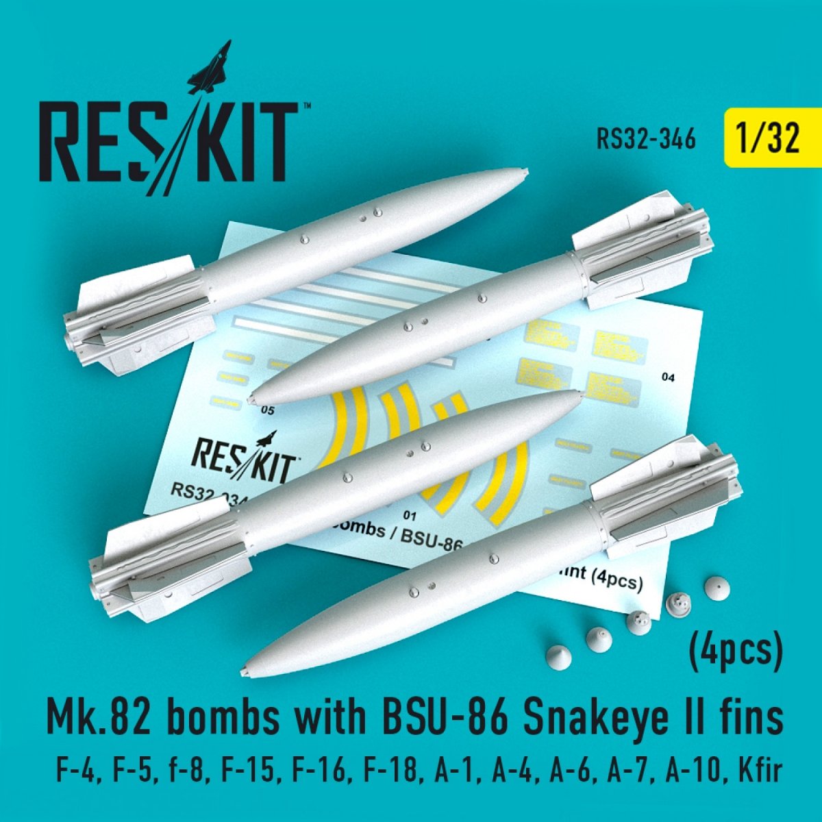 RESKIT RS32-0346 MK.82 BOMBES AVEC AILERONS BSU-86 SNAKEYE II (4 PIÈCES) 1/32
