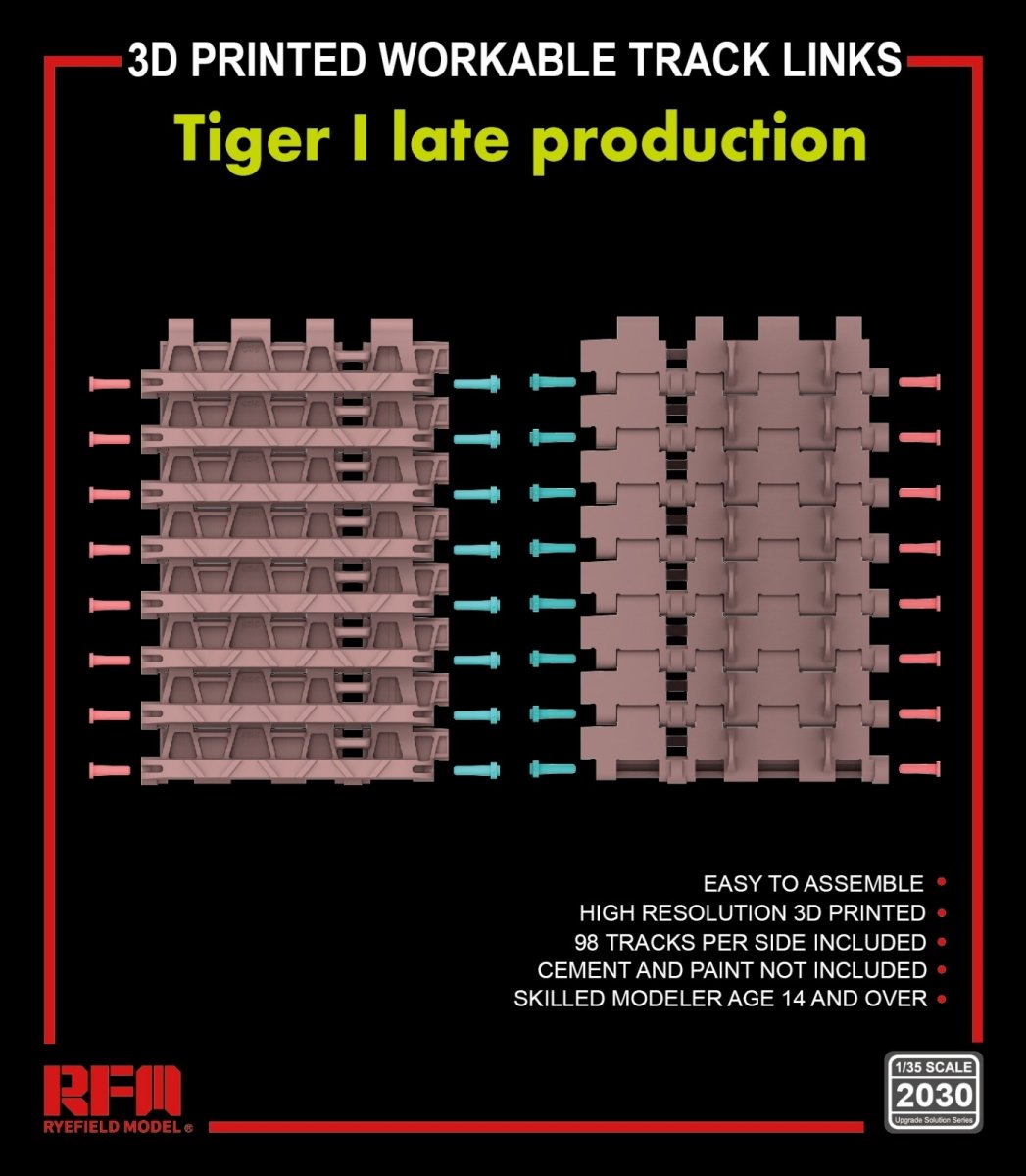 Rye Field Model 2030 TIGER I PRODUCTION FINALE CHENILLES FONCTIONNELLES IMPRIMÉES EN 3D 1/35