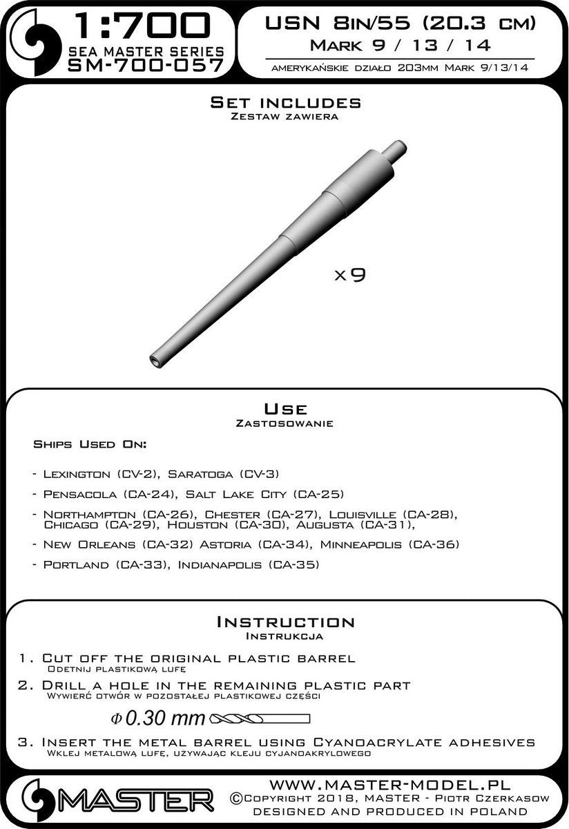 Master SM-700-057 Canons de fusil américains Mark 9 de 8 pouces/55 (20,3 cm) (9 pièces) - Types Lexington, Pensacola, Northampton, début de la Nouvelle-Orléans et Indianapolis (1/700) – Bild 3