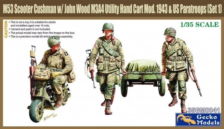 Maquette Gecko Models 35GM0041 Scooter M53 Cushman avec chariot utilitaire John Wood M3A4 Mod.1943 et parachutistes américains 1/35
