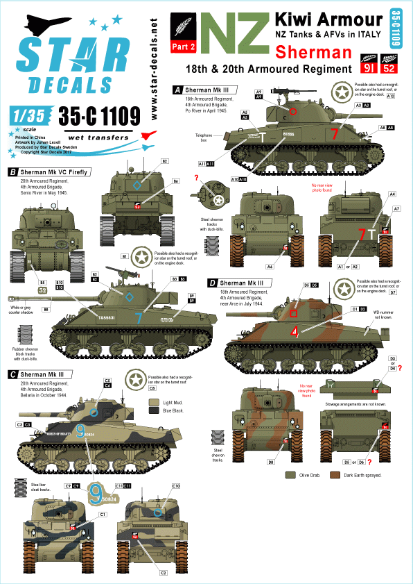 Star Decals 35-C1109 Kiwi Armor 2 - Shermans des 18e et 20e régiments blindés 1/35