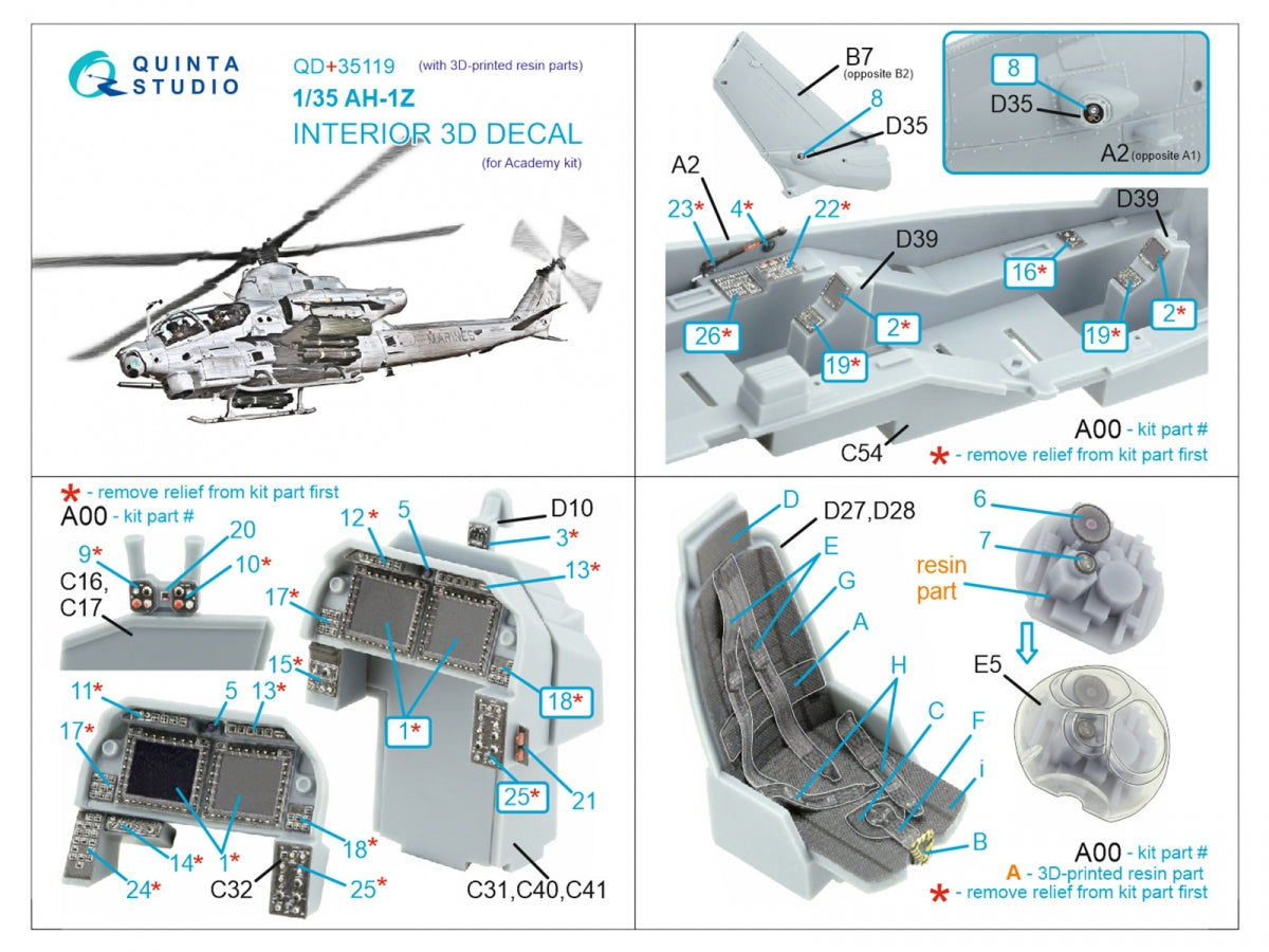 Intérieur coloré imprimé en 3D sur papier décalcomanie (Academy) pour Quinta Studio QD+35119 AH-1Z (avec pièces en résine imprimées en 3D) à l&amp;#39;échelle 1/35 – image 2