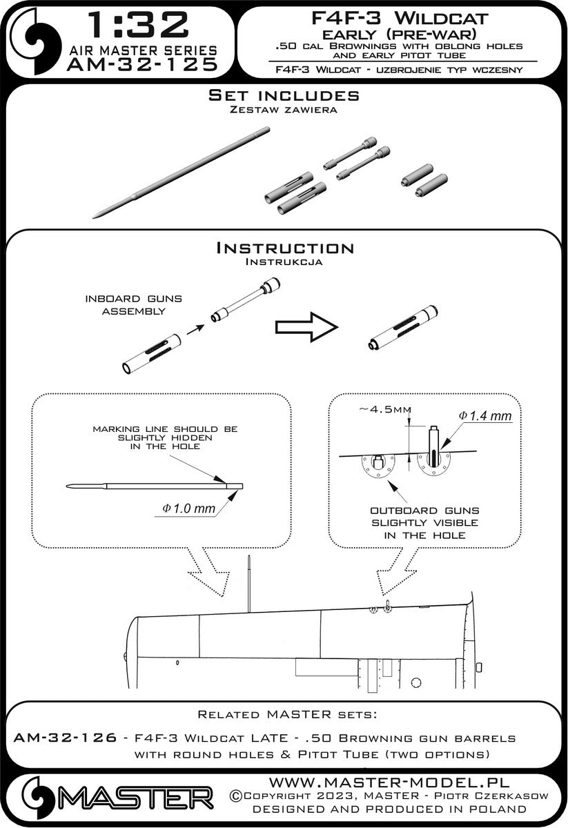 Master AM-32-125 F4F-3 Wildcat EARLY (avant-guerre) - Mitrailleuses Browning .50 avec trous de radiateur oblongs et tube de Pitot ancien 1/32  – immagine 2