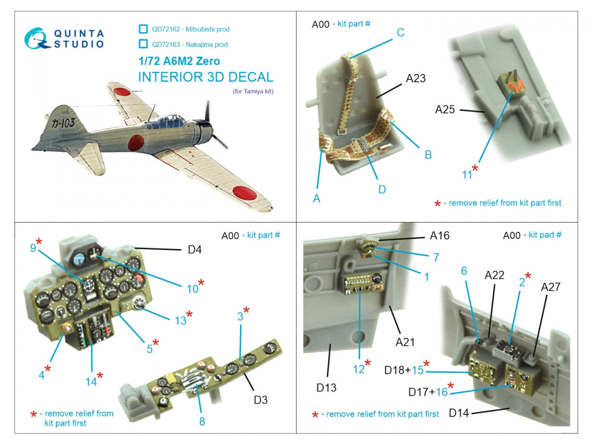 Intérieur coloré imprimé en 3D sur papier décalcomanie (Tamiya) pour A6M2 Zero (Mitsubishi Prod.) de Quinta Studio QD72162, échelle 1/72 – image 2