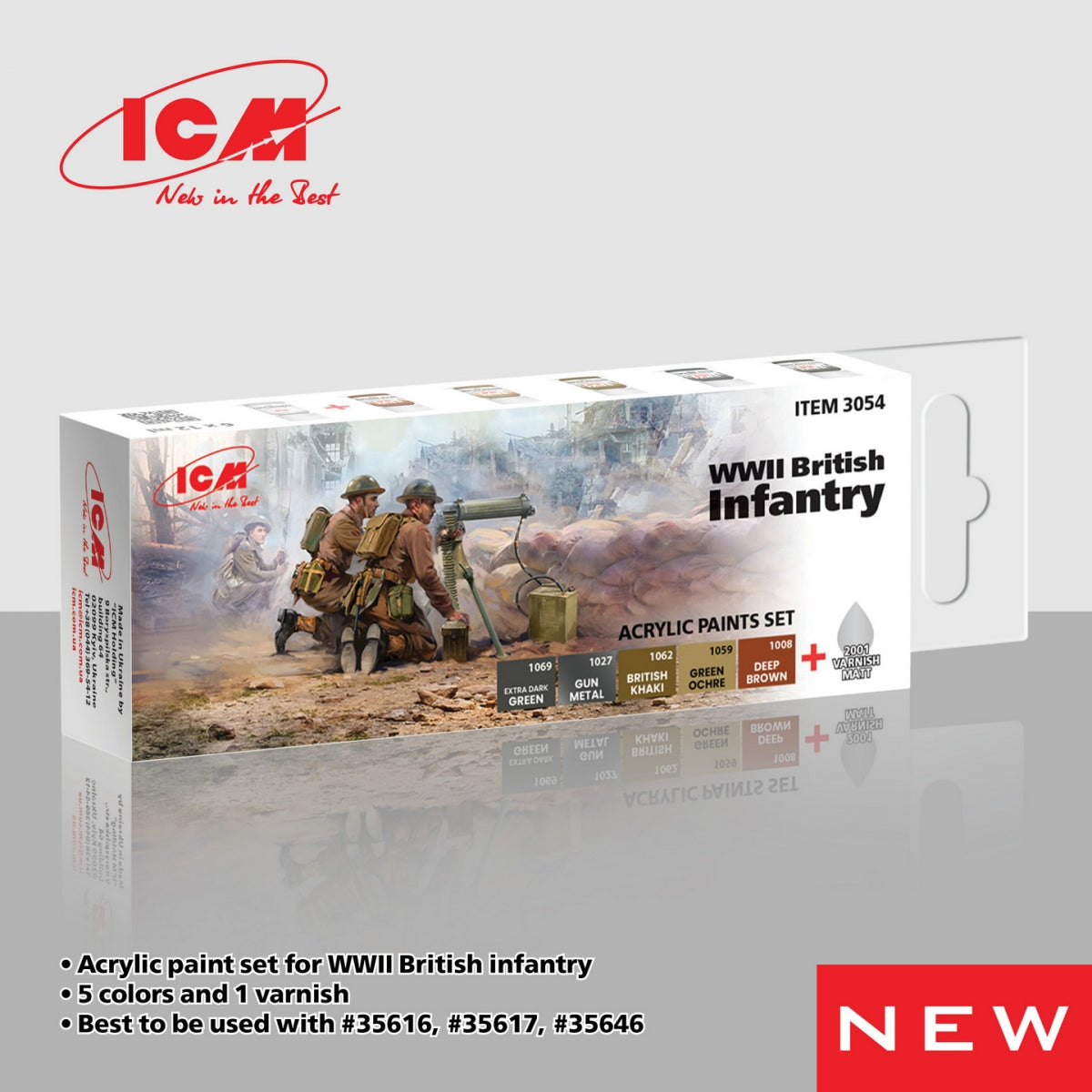 Coffret de peintures acryliques ICM 3054 pour l'infanterie britannique de la Seconde Guerre mondiale, 12 ml x 6