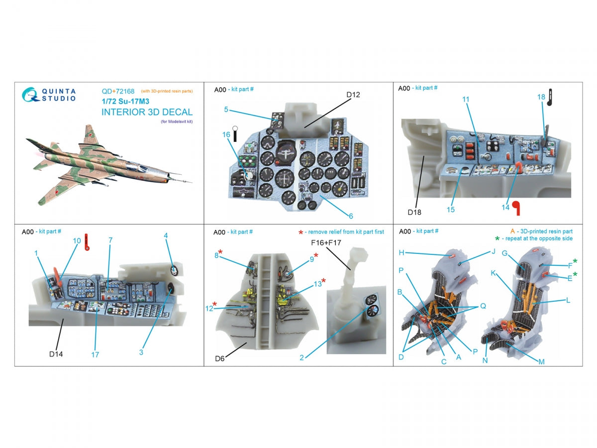 Intérieur coloré imprimé en 3D sur papier décalcomanie (Modelsvit) pour Su-17M3 (Quinta Studio QD+72168) (avec pièce en résine imprimée en 3D) 1/72 – image 6