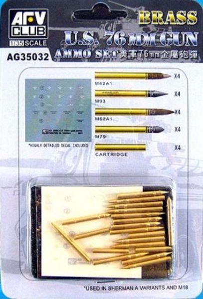 AFV Club AG35032 Kit de munitions américaines de 76 mm en laiton. Comprend des munitions M42A1, M93, M62A1, M79 et des cartouches (4 de chaque) ainsi qu&amp;#39;une planche de décalcomanies au 1/35.