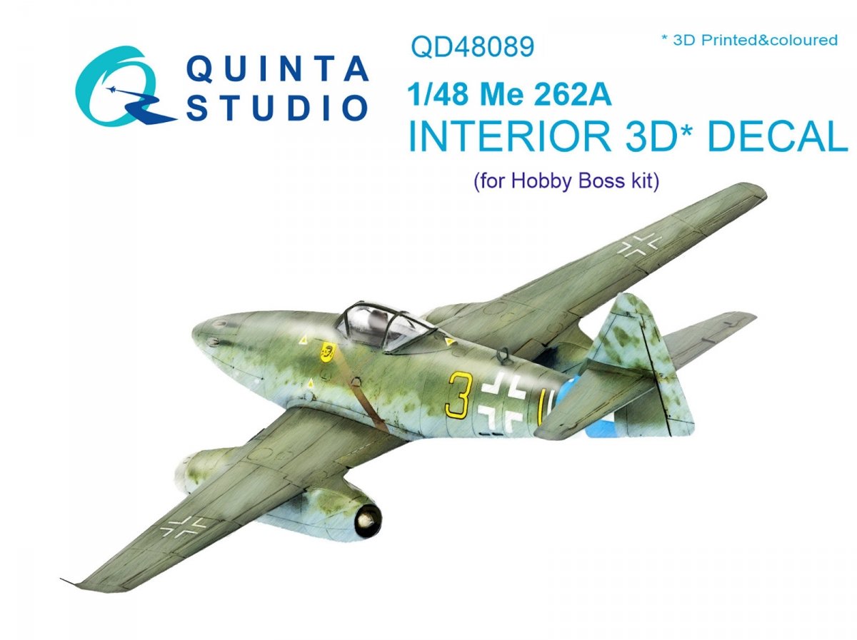 Intérieur imprimé en 3D et coloré sur papier décalcomanie Quinta Studio QD48089 Me-262A (pour kit HobbyBoss) 1/48 
