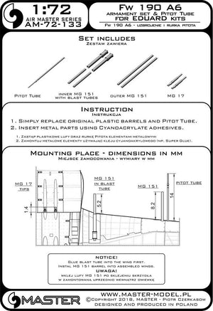 Ensemble d&amp;#39;armement Master AM-72-133 Fw 190 A6 (embouts MG 17, canons MG 151) et tube pitot (pour modèles Eduard) (1/72) – imagen 3