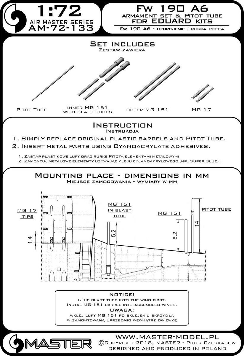 Ensemble d&amp;#39;armement Master AM-72-133 Fw 190 A6 (embouts MG 17, canons MG 151) et tube pitot (pour modèles Eduard) (1/72) – imagen 3