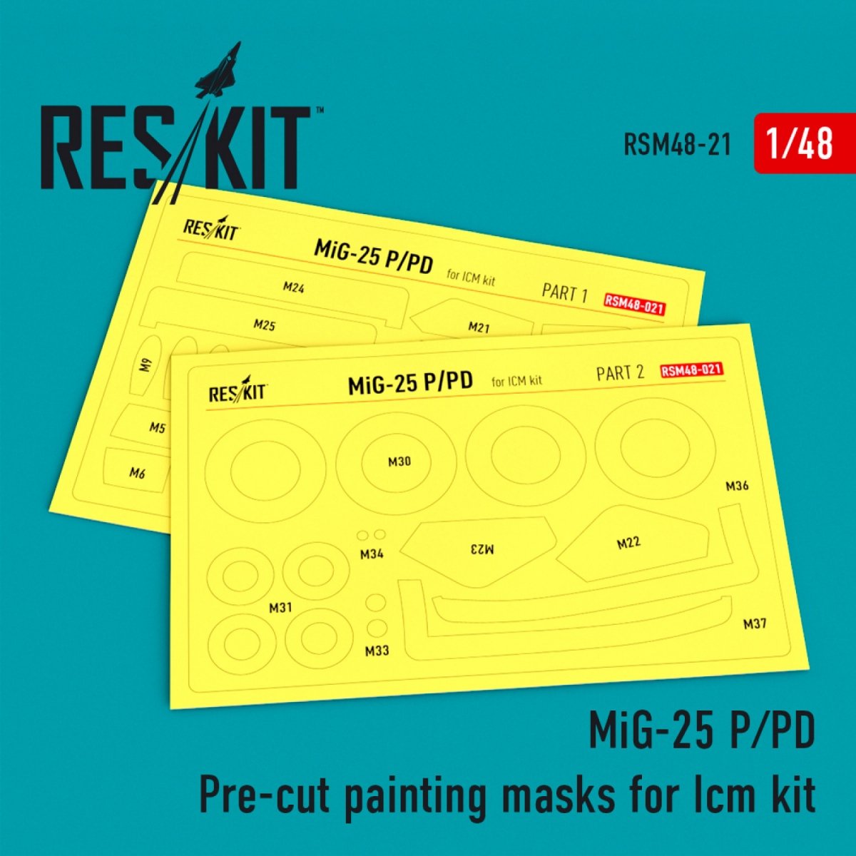 Masques de peinture prédécoupés RESKIT RSM48-0021 MIG-25 (P,PD) pour kit ICM 1/48