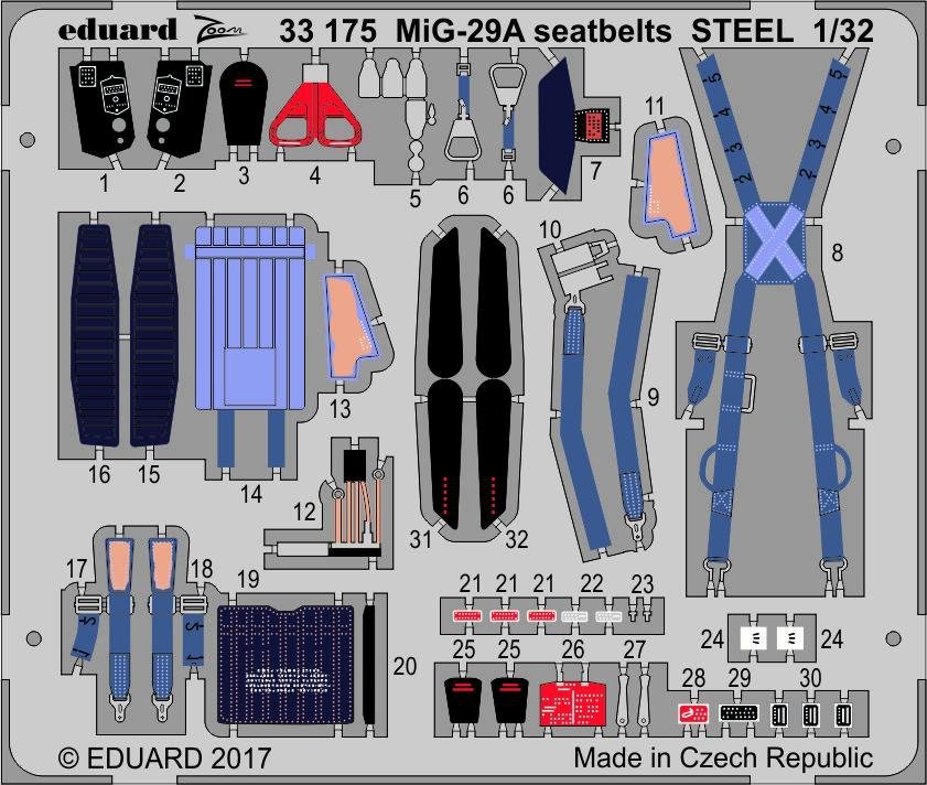 Ceintures de sécurité Eduard 33175 MiG-29A STEEL TRUMPETER 1/32