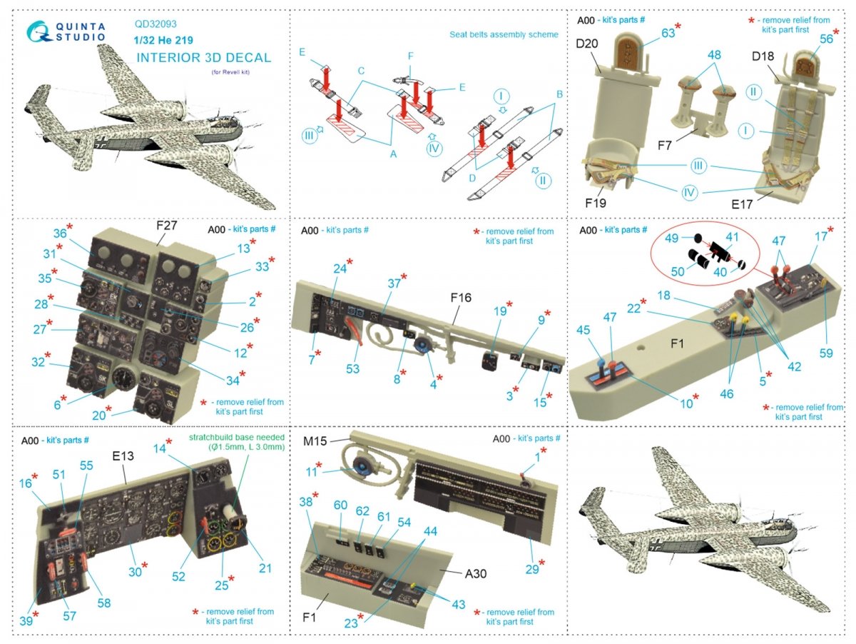 Intérieur imprimé en 3D et coloré sur papier décalcomanie (Revell) Quinta Studio QD32093 He 219 1/32 – immagine 2
