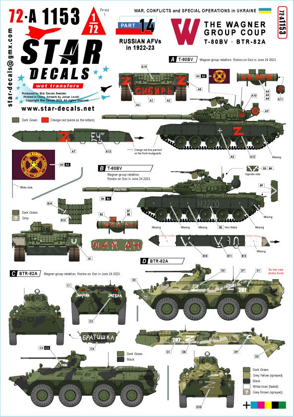 Star Decals 72-A1153 Guerre en Ukraine n° 14. Le coup d'État du groupe Wagner en 2023. T-80BV et BTR-82A 1/72
