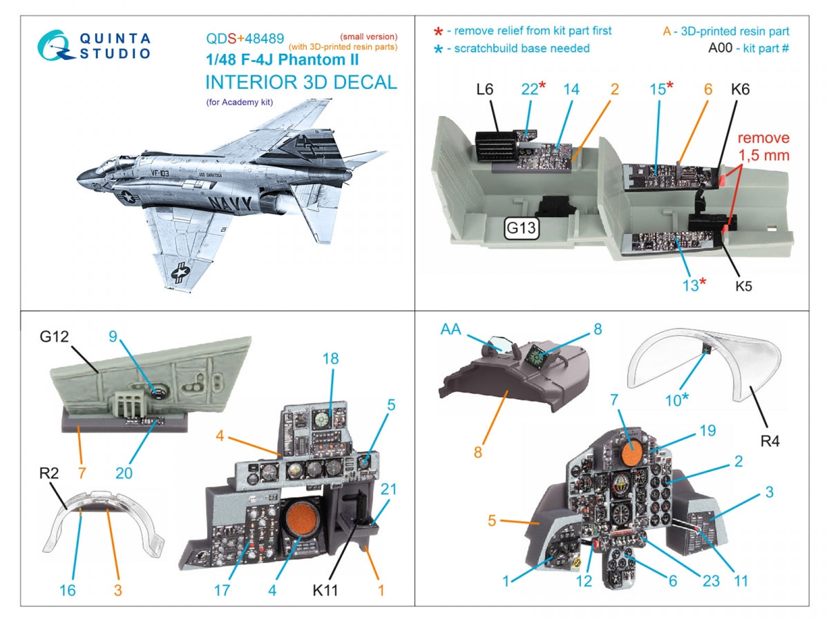 Quinta Studio QDS+48489 F-4J Phantom II Intérieur imprimé en 3D et coloré sur papier décalcomanie (Academy) (Petite version) (avec pièces en résine imprimées en 3D) 1/48 – image 3