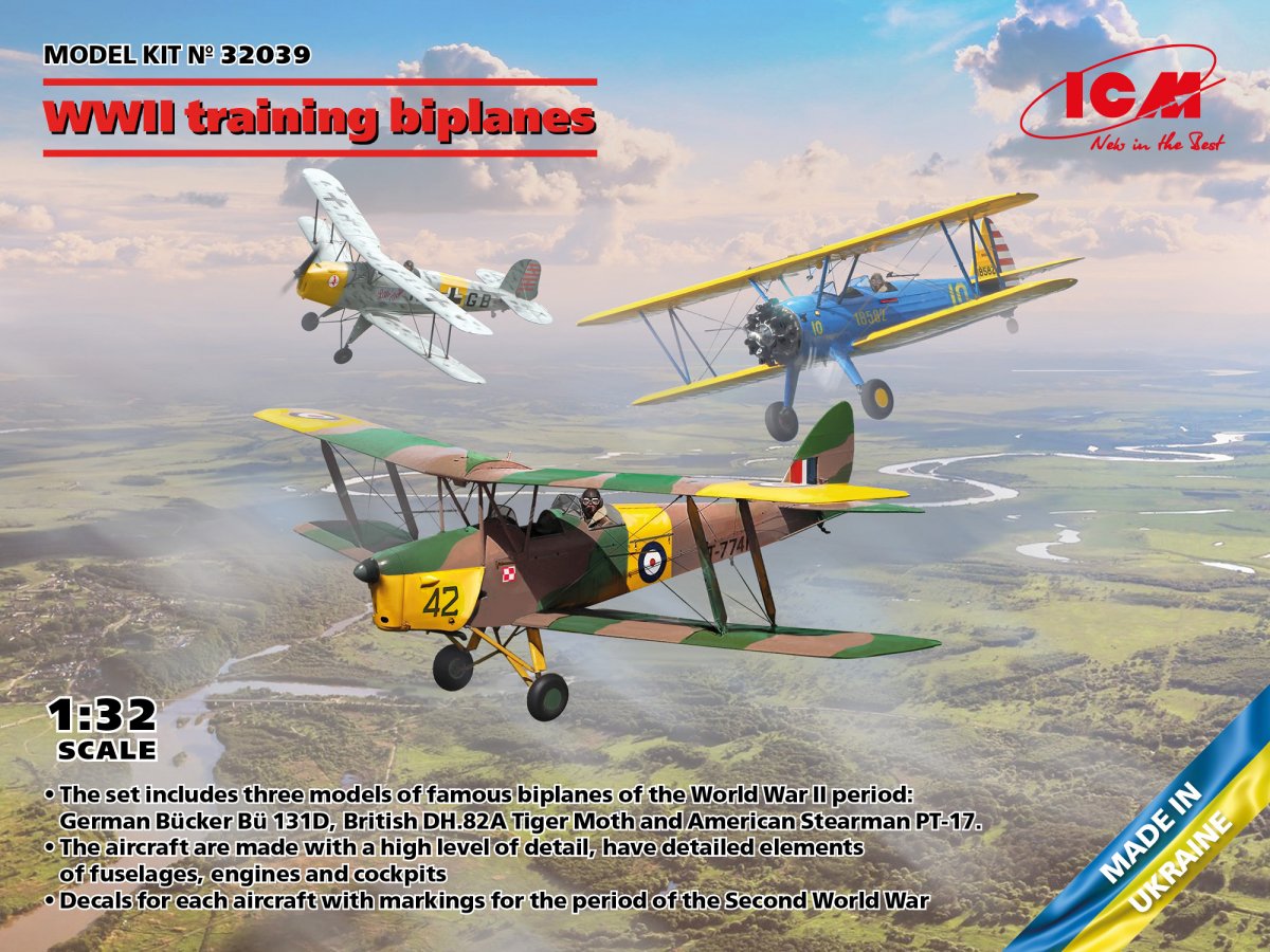 ICM 32039 Biplans d'entraînement de la Seconde Guerre mondiale Bucker Bu 131D, DH.82A Tiger Moth, Stearman PT-17 1/32