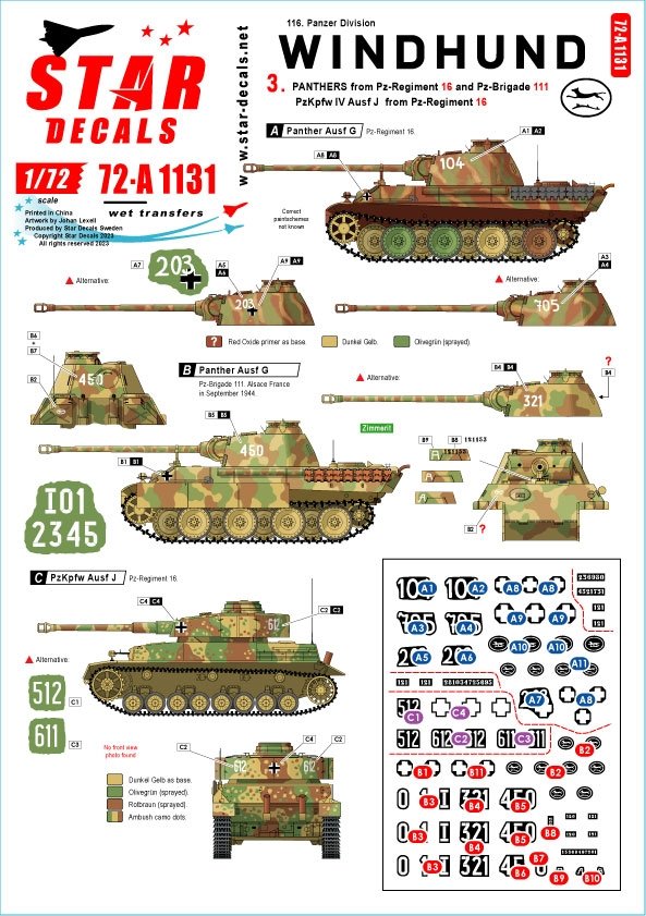 Star Decals 72-A1131 Windhund n° 3. Panther Ausf G du Pz-Reg. 16 et de la Pz-Brigade 111, et PzKpfw IV Ausf J de la 116. Pz Div. Windhund 1/72 