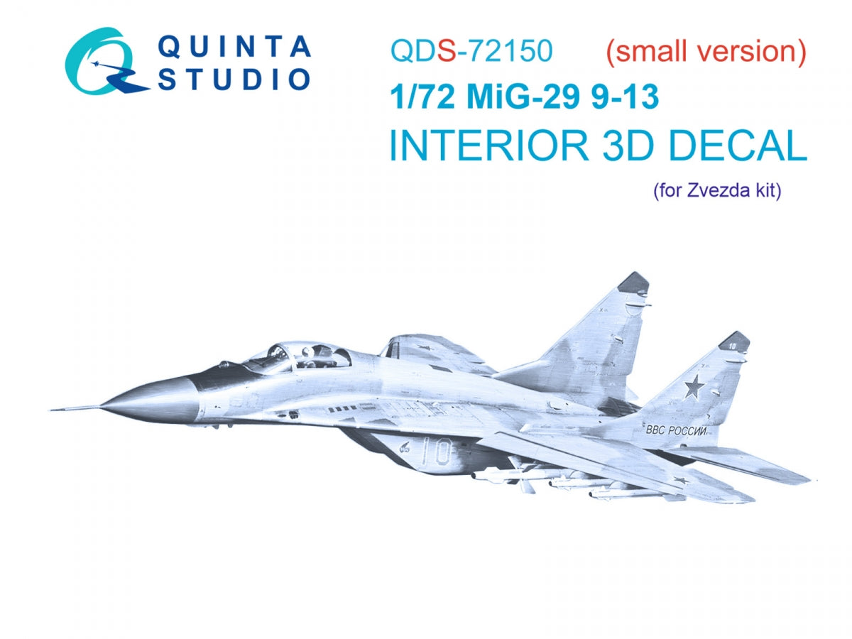Quinta Studio QDS-72150 Mig-29 9-13 Intérieur coloré imprimé en 3D sur papier décalcomanie (7278 Zvezda) 1/72 