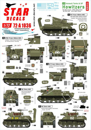 Star Decals 72-A1036 Obusiers automoteurs américains. M7 Priest, M8 HMC et M4 (105 mm). 75e anniversaire du Débarquement. Normandie et France 1944. Échelle 1/72.