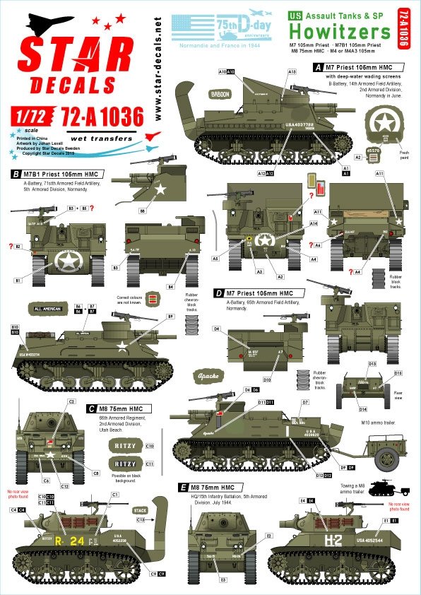 Star Decals 72-A1036 Obusiers automoteurs américains. M7 Priest, M8 HMC et M4 (105 mm). 75e anniversaire du Débarquement. Normandie et France 1944. Échelle 1/72.