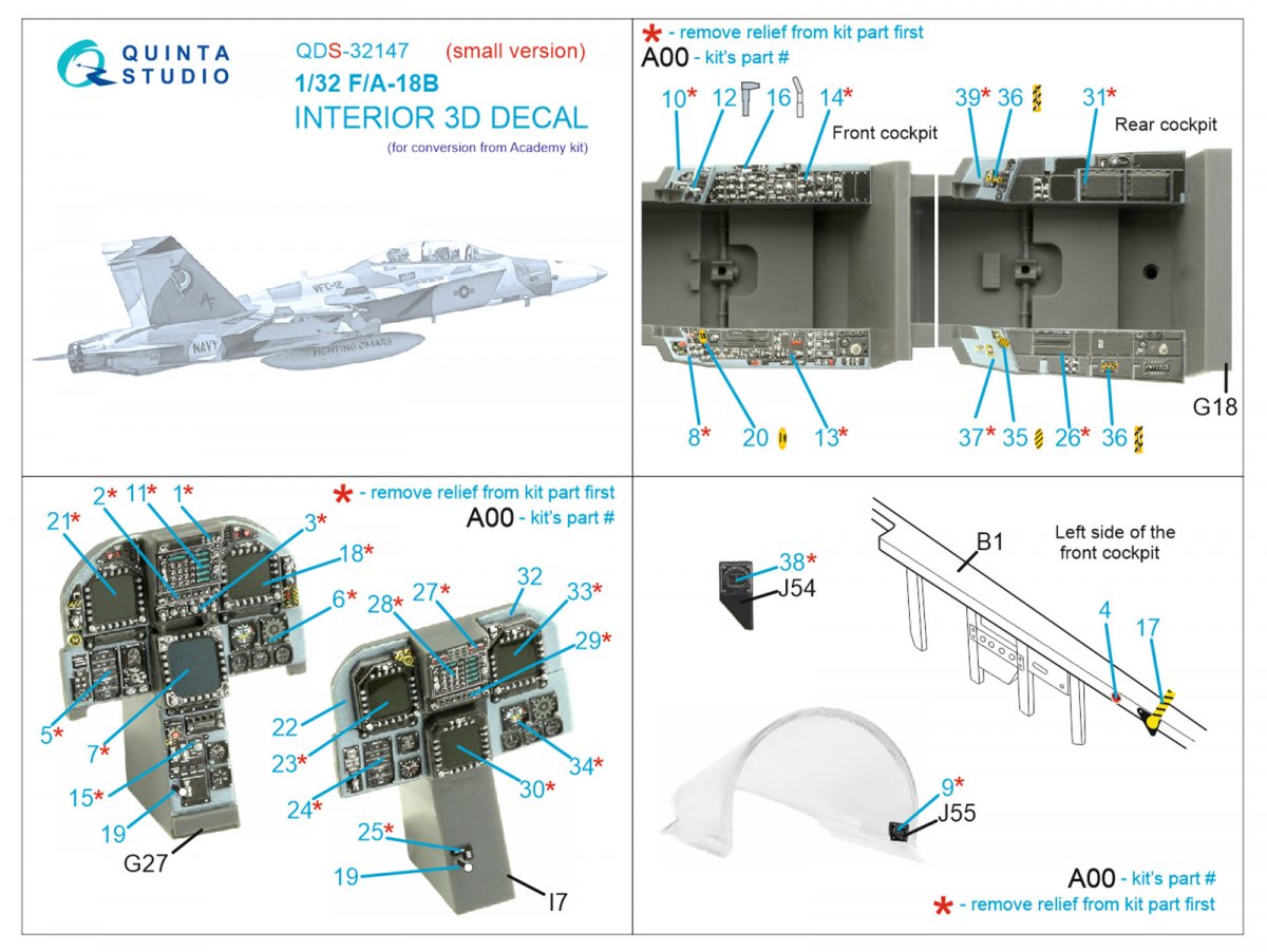 Quinta Studio QDS-32147 F/A-18B Early Intérieur imprimé en 3D et coloré sur papier décalcomanie (Academy) (Petite version) 1/32  – image 12
