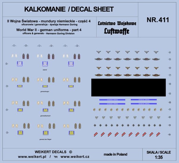 Weikert Decals DEC411 Uniformes allemands - Partie 4 - Luftwaffe - Division Hermann Goring 1/35