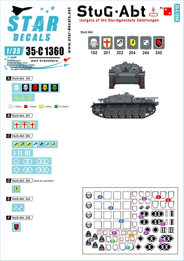 Star Decals 35-C1360 StuG-Abt 2 Insignes génériques et marquages ​​d&amp;#39;unité pour les unités Sturmgeschutz 1/35