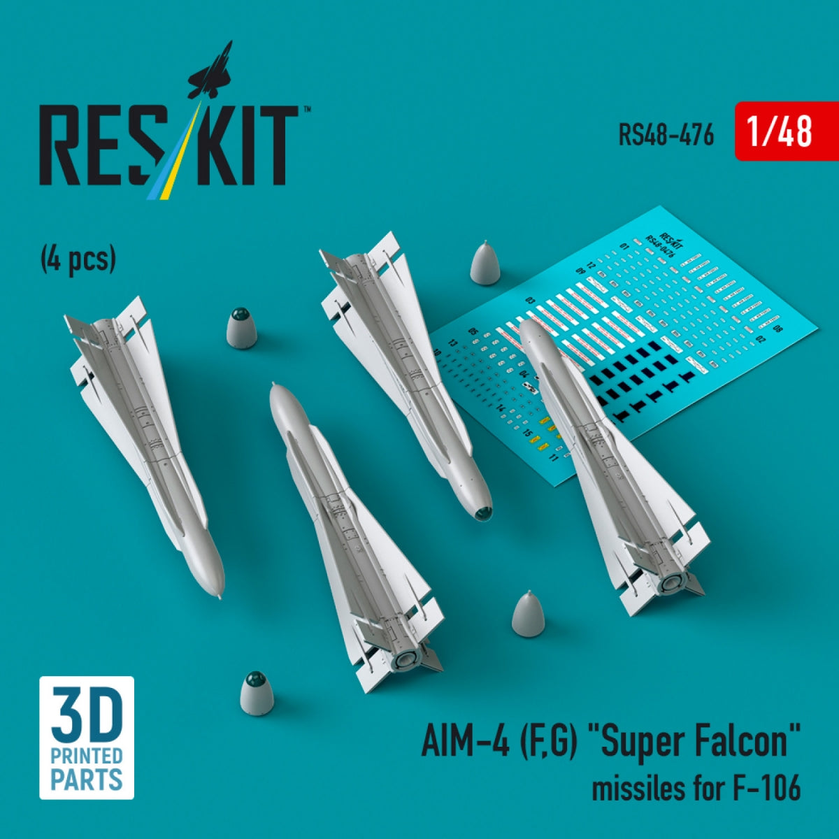 RESKIT RS48-0476 Missiles AIM-4 (F, G) « Super Falcon » pour F-106 (4 pièces) (Impression 3D) 1/48