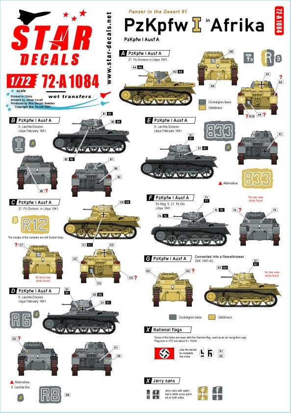 Star Decals 72-A1084 Panzer dans le désert n° 1. PzKpfw I Ausf A en Afrique du Nord 1/72 