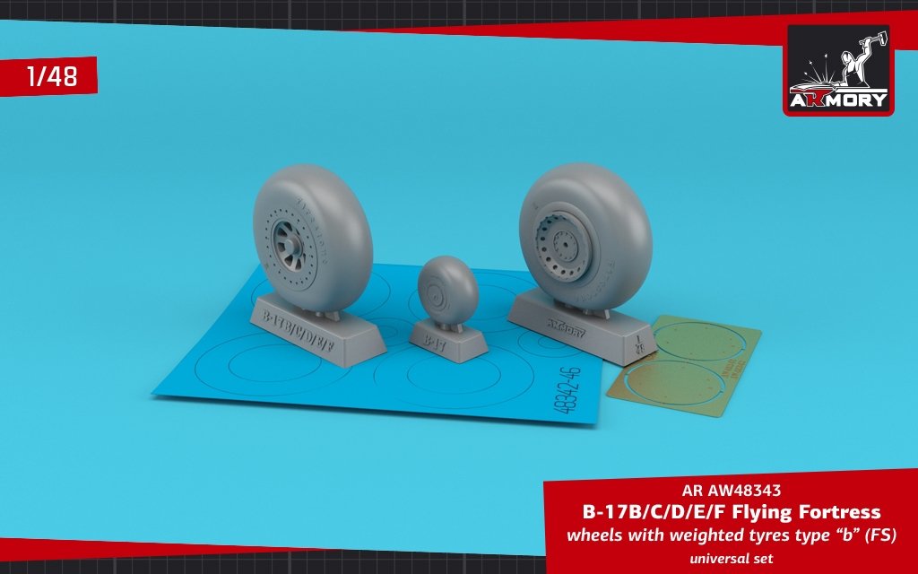 Armory Models AW48343 Roues B-17B/C/D/E/F Flying Fortress avec pneus lestés type « b » (FS) et enjoliveurs en photodécoupe 1/48