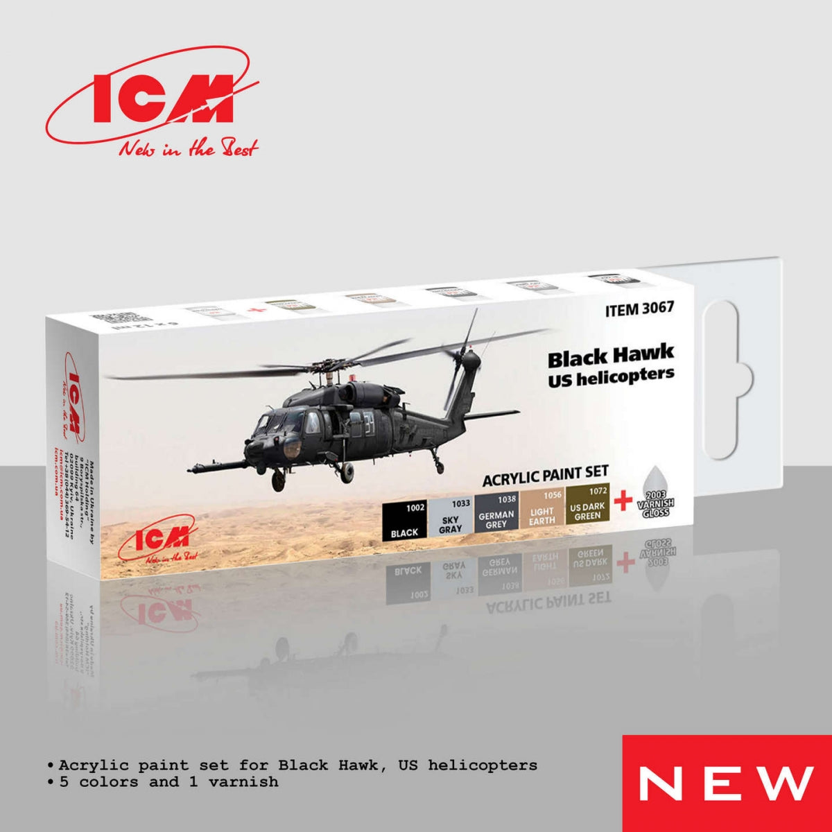 Ensemble de peintures acryliques ICM 3067 pour hélicoptères Black Hawk américains, 12 ml x 6