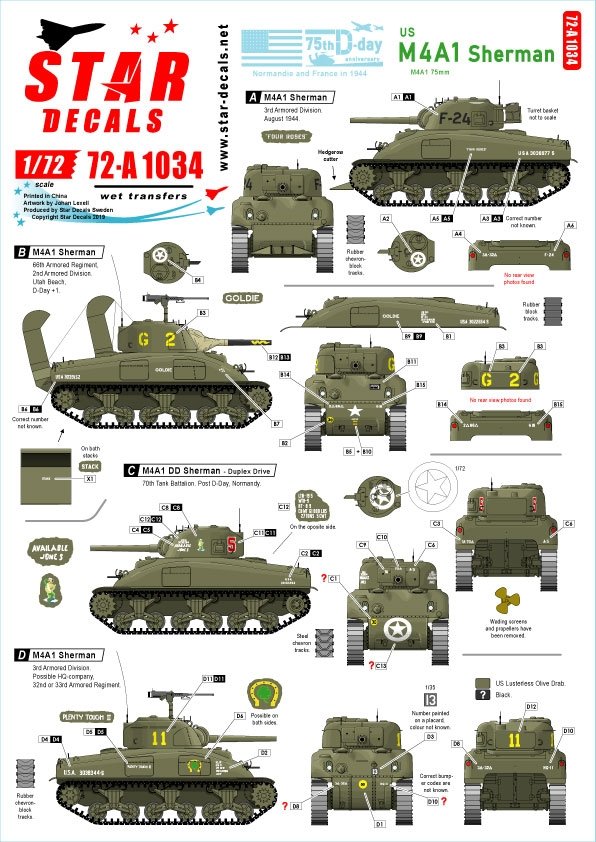 Star Decals 72-A1034 US M4A1 Sherman. Échelle 1/72