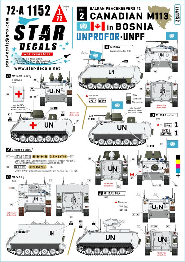 Star Decals 72-A1152 M113 canadien en Bosnie. Casques bleus des Balkans n° 14. M113A2, M113A2 ACAV, M577A1 et M113A2 TUA 1/72