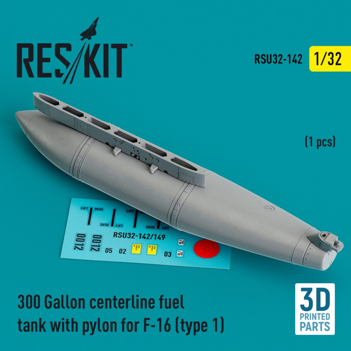 Réservoir de carburant central RESKIT RSU32-0142 de 300 gallons avec pylône pour F-16 (type 1) (1 pièce) (Impression 3D) 1/32 