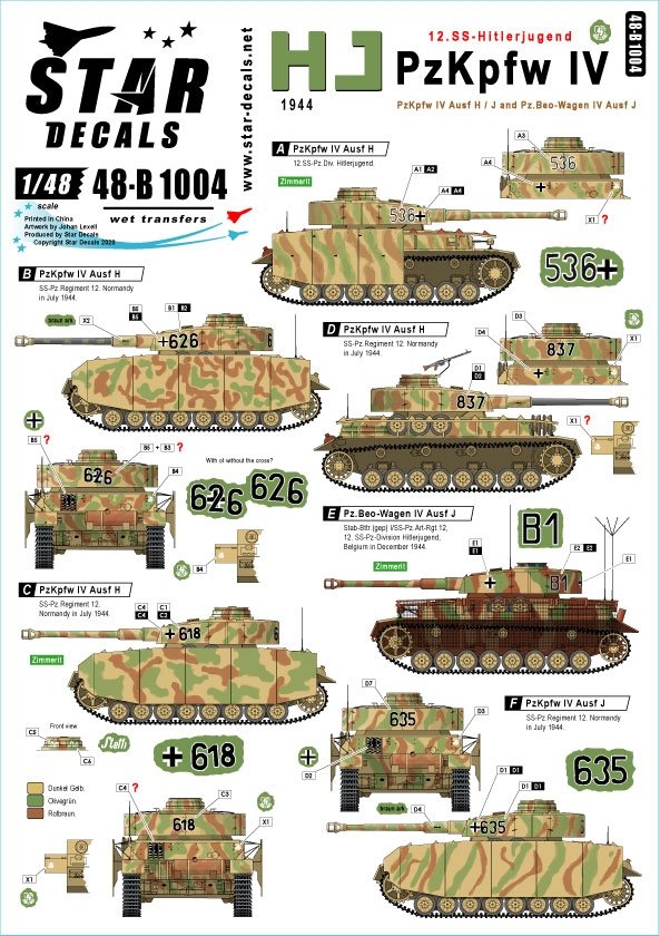 Star Decals 48-B1004 HJ PzKpfw IV. 12. SS-Hitlerjugend PzKpfw IV en France et en Belgique 1944 1/48