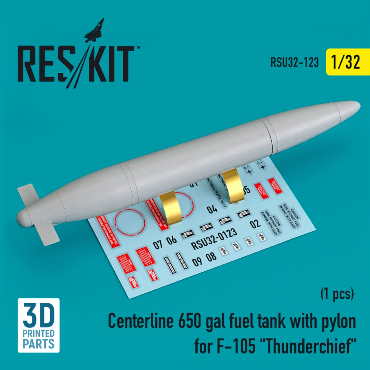 Réservoir de carburant RESKIT RSU32-0123 CENTERLINE 650 gal avec pylônes pour F-105 « THUNDERCHIEF » (1 pièce) (impression 3D) 1/32