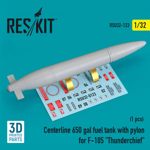Réservoir de carburant RESKIT RSU32-0123 CENTERLINE 650 gal avec pylônes pour F-105 « THUNDERCHIEF » (1 pièce) (impression 3D) 1/32