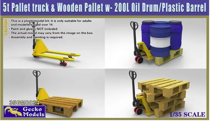 Gecko Models 35GM0034 Transpalette 5 tonnes et palette en bois avec fût d'huile de 200 litres et baril en plastique 1/35