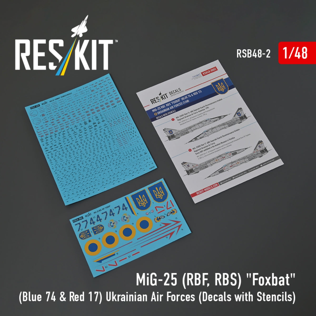 RESKIT RSB48-0002 MiG-25RBF, RBS "Foxbat" (Blue 74 & Red 17) Ukrainian Air Forces (Decals with Stencils) 1/48