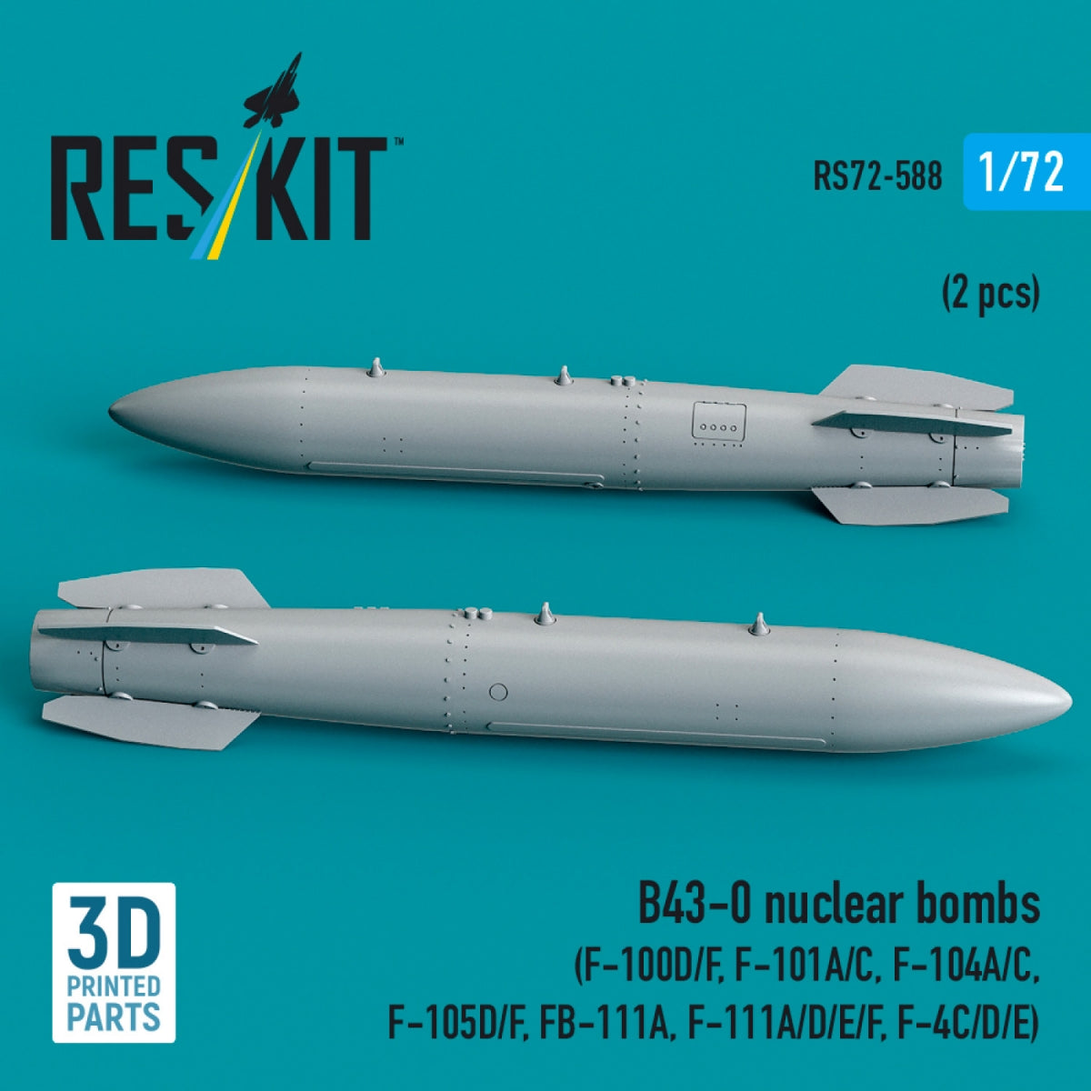 RESKIT RS72-0588 B43-0 nuclear bombs (2 pcs) (F-100D/F, F-101A/C, F-104A/C, F-105D/F, FB-111A, F-111A/E/D/F, F-4C/D/E) (3D Printed) 1/72