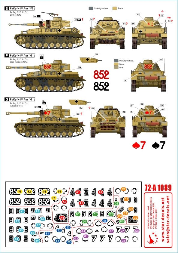 Star Decals 72-A1089 Panzer dans le désert n° 6. PzKpfw IV Ausf F2 et G, en Afrique du Nord, échelle 1/72