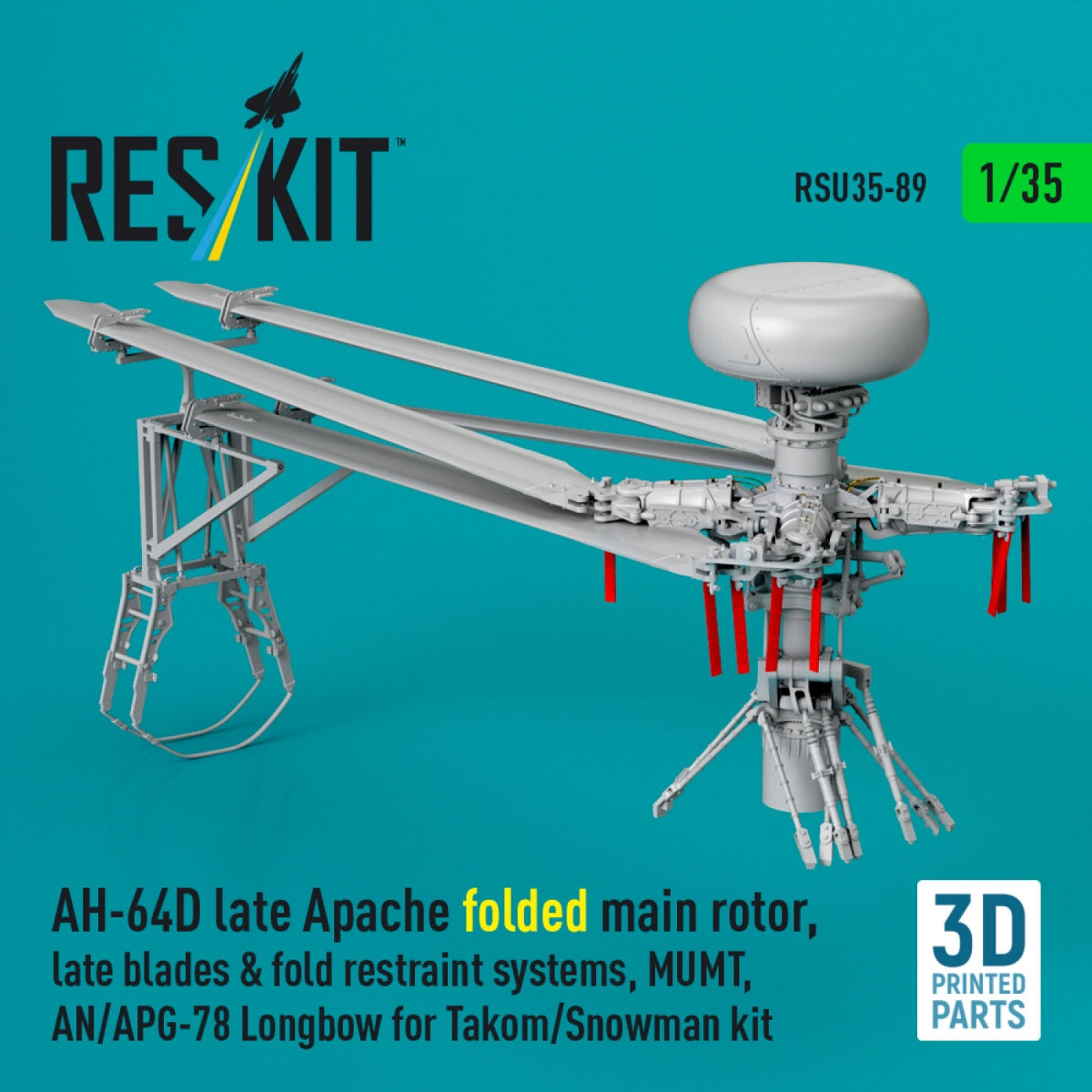 RESKIT RSU35-0089 AH-64D late Apache folded main rotor, late blades & fold restraint systems, MUMT, AN/APG-78 Longbow for Takom/Snowman kit (3D Printed) 1/35