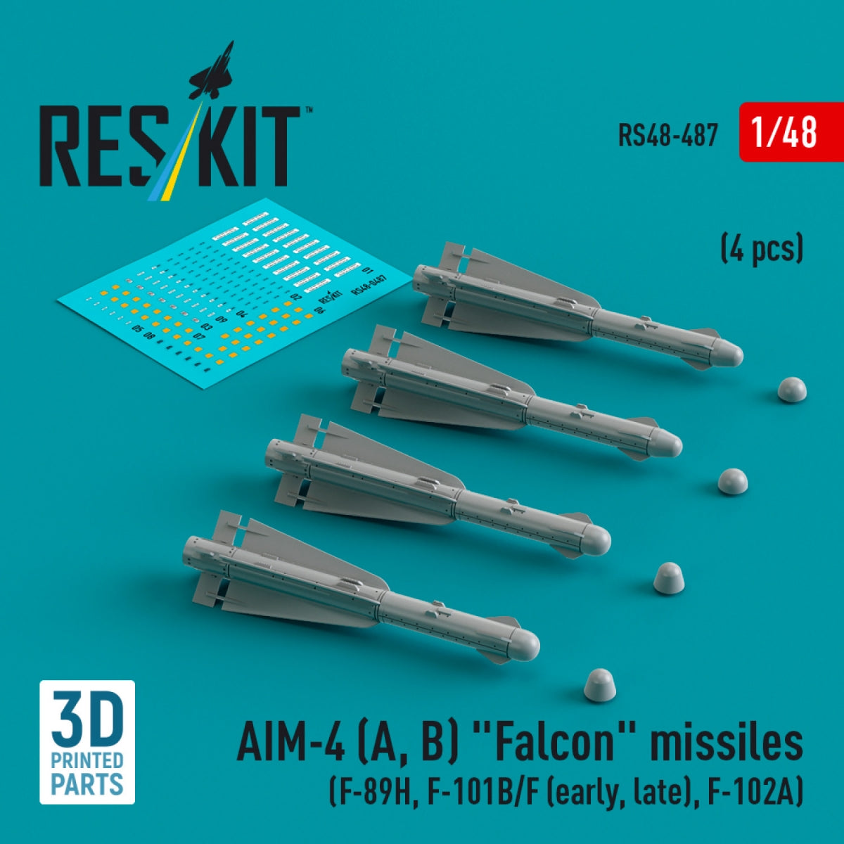 RESKIT RS48-0487 Missiles AIM-4 (A, B) « Falcon » (4 pièces) (Impression 3D) 1/48