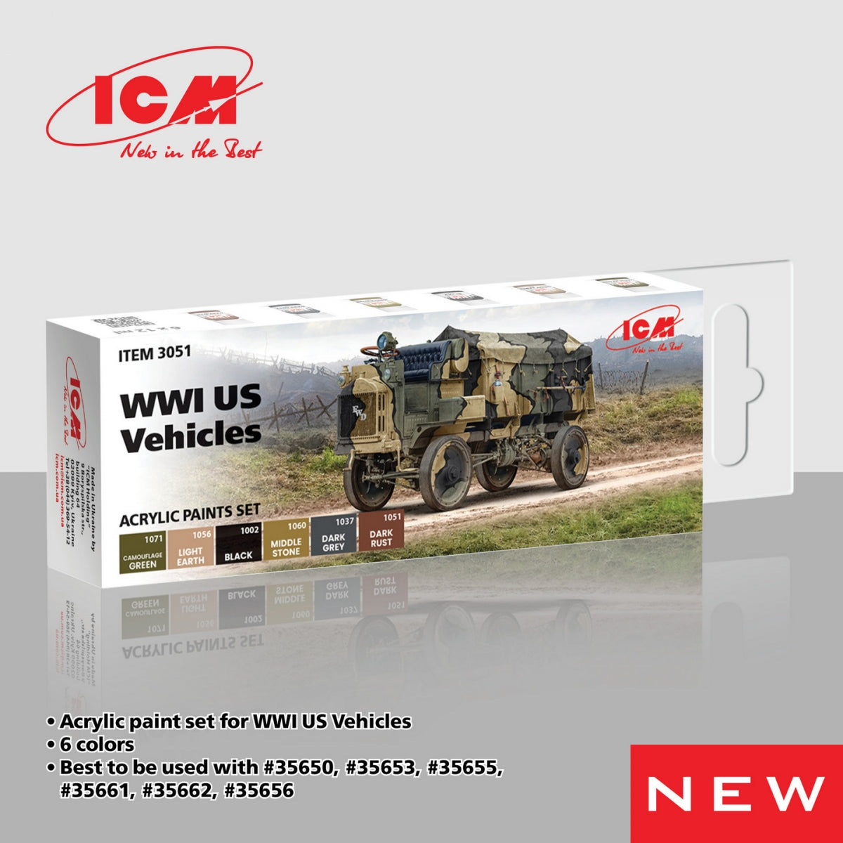 ICM 3051 Coffret de peintures acryliques pour véhicules américains de la Première Guerre mondiale, 12 ml x 6